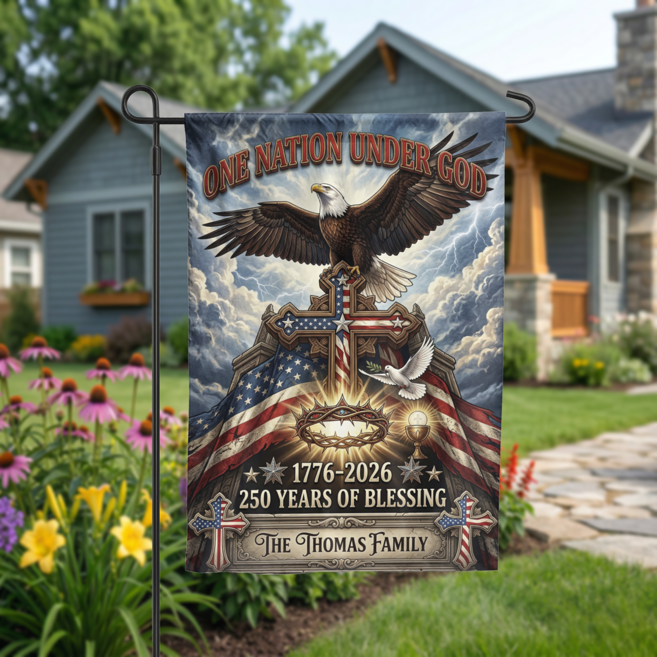 Personalized Patriotic Christian Garden Flag, One Nation Under God Eagle Cross, 250th Anniversary 1776-2026 - Garden Flag - detail view