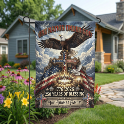 Personalized Patriotic Christian Garden Flag, One Nation Under God Eagle Cross, 250th Anniversary 1776-2026 - Garden Flag - detail view
