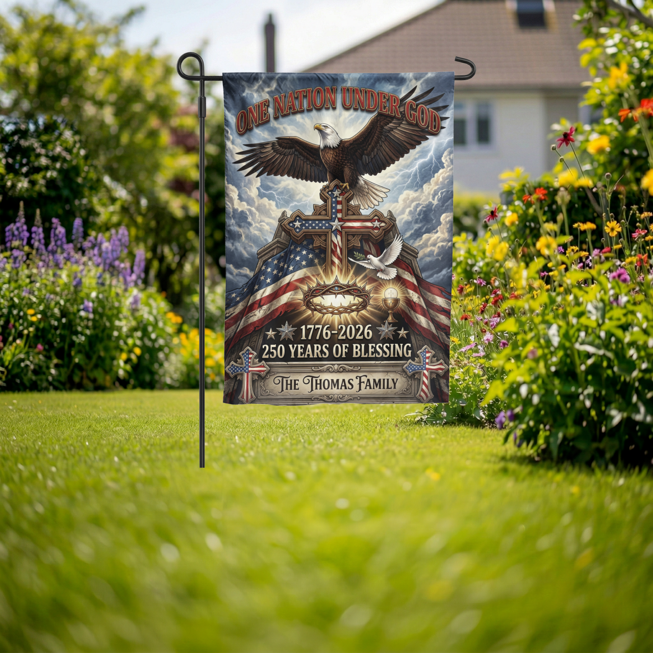 Personalized Patriotic Christian Garden Flag, One Nation Under God Eagle Cross, 250th Anniversary 1776-2026 - Garden Flag - lifestyle shot