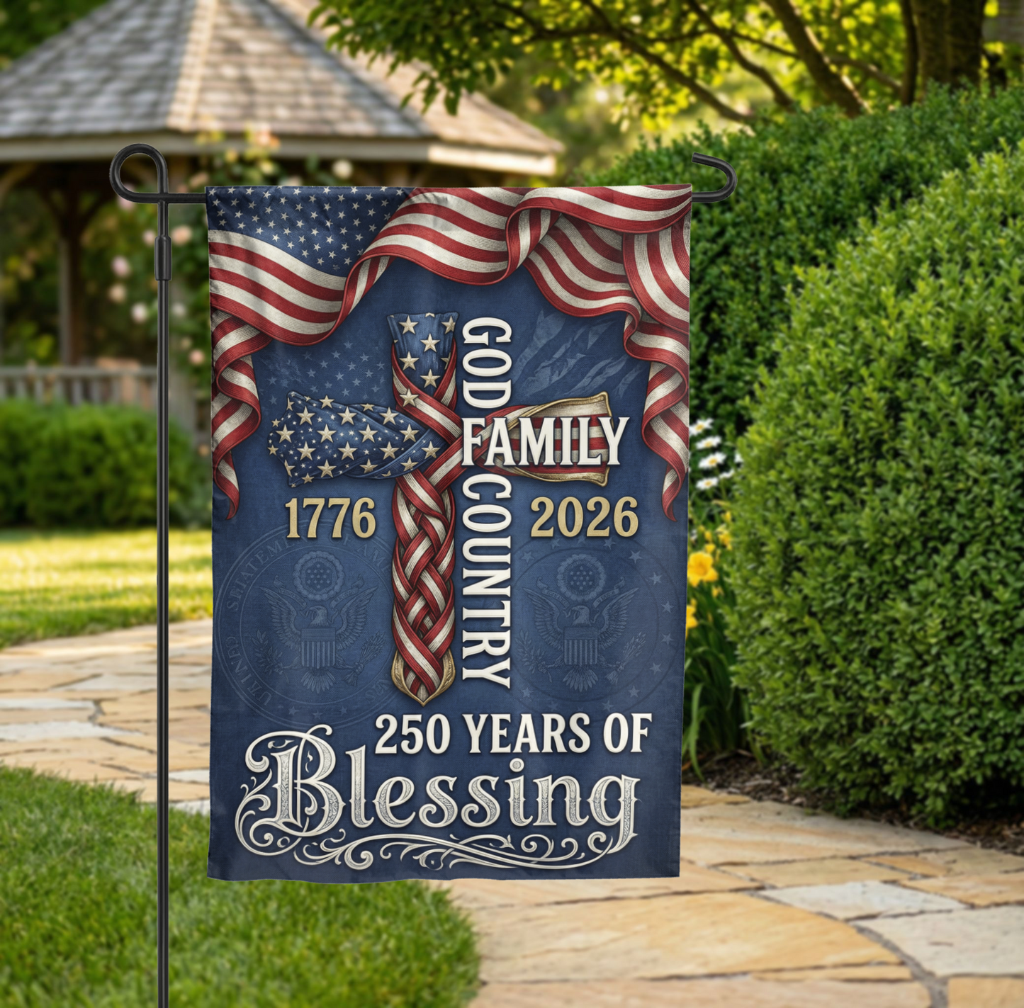God Family Country Garden Flag, 1776-2026 USA 250th Anniversary, Patriotic Cross Yard Decor, Semiquincentennial Gift - 28"x40" - Garden Flag