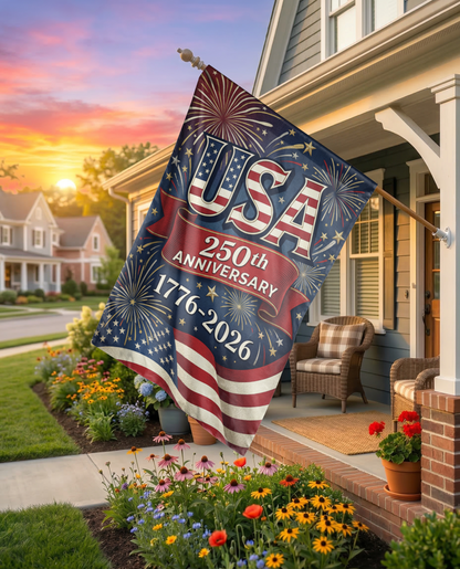 USA 250th Anniversary Garden Flag, 1776-2026 Patriotic Outdoor Decor, American Semiquincentennial Yard Banner, Fireworks & Flag Design - Garden Flag - lifestyle shot