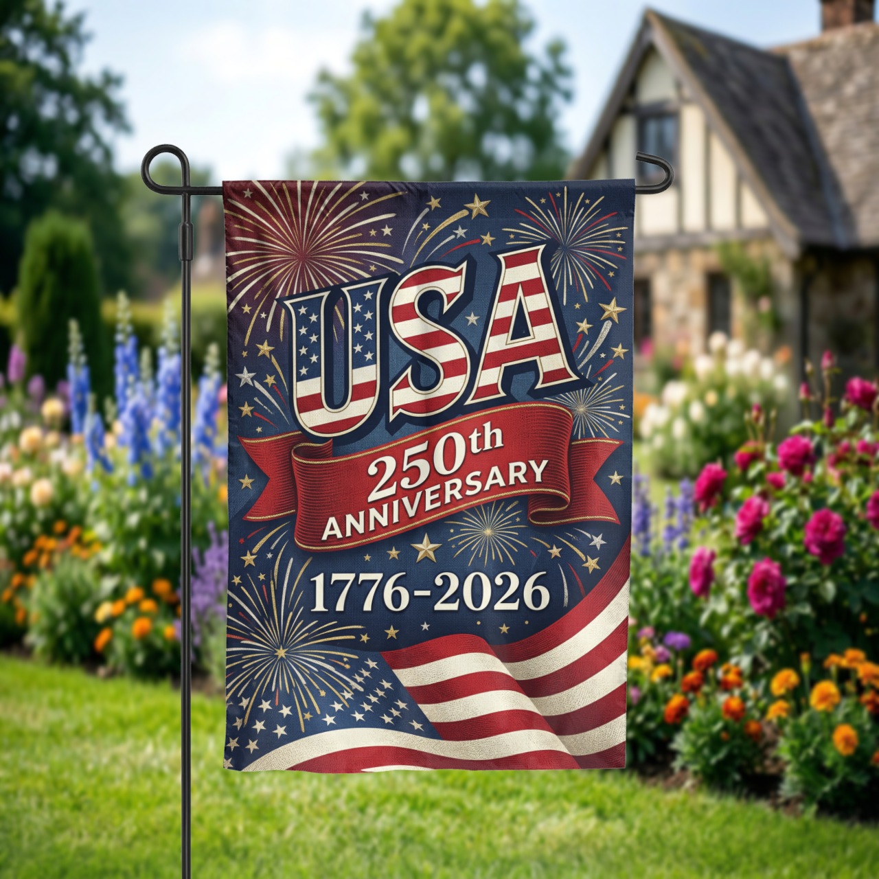 USA 250th Anniversary Garden Flag, 1776-2026 Patriotic Outdoor Decor, American Semiquincentennial Yard Banner, Fireworks & Flag Design - Garden Flag - close-up