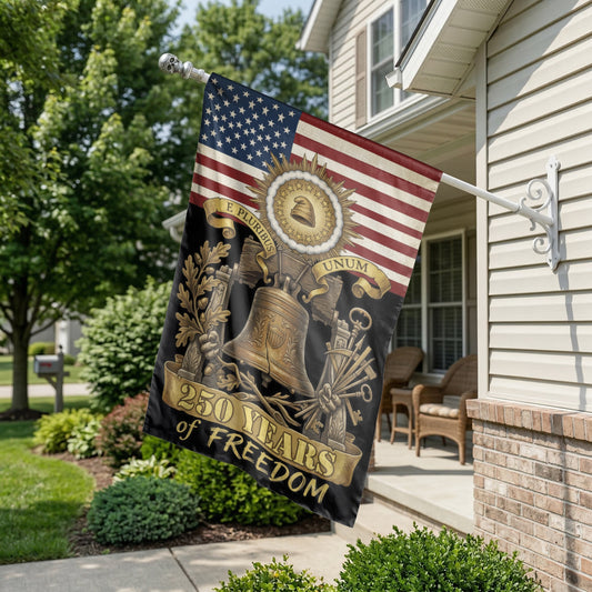 Liberty Bell American Flag, 250 Years of Freedom, Patriotic Garden Flag or House Flag, Vintage Independence Day Decor, Double Sided Print - 12"x18" - Garden Flag
