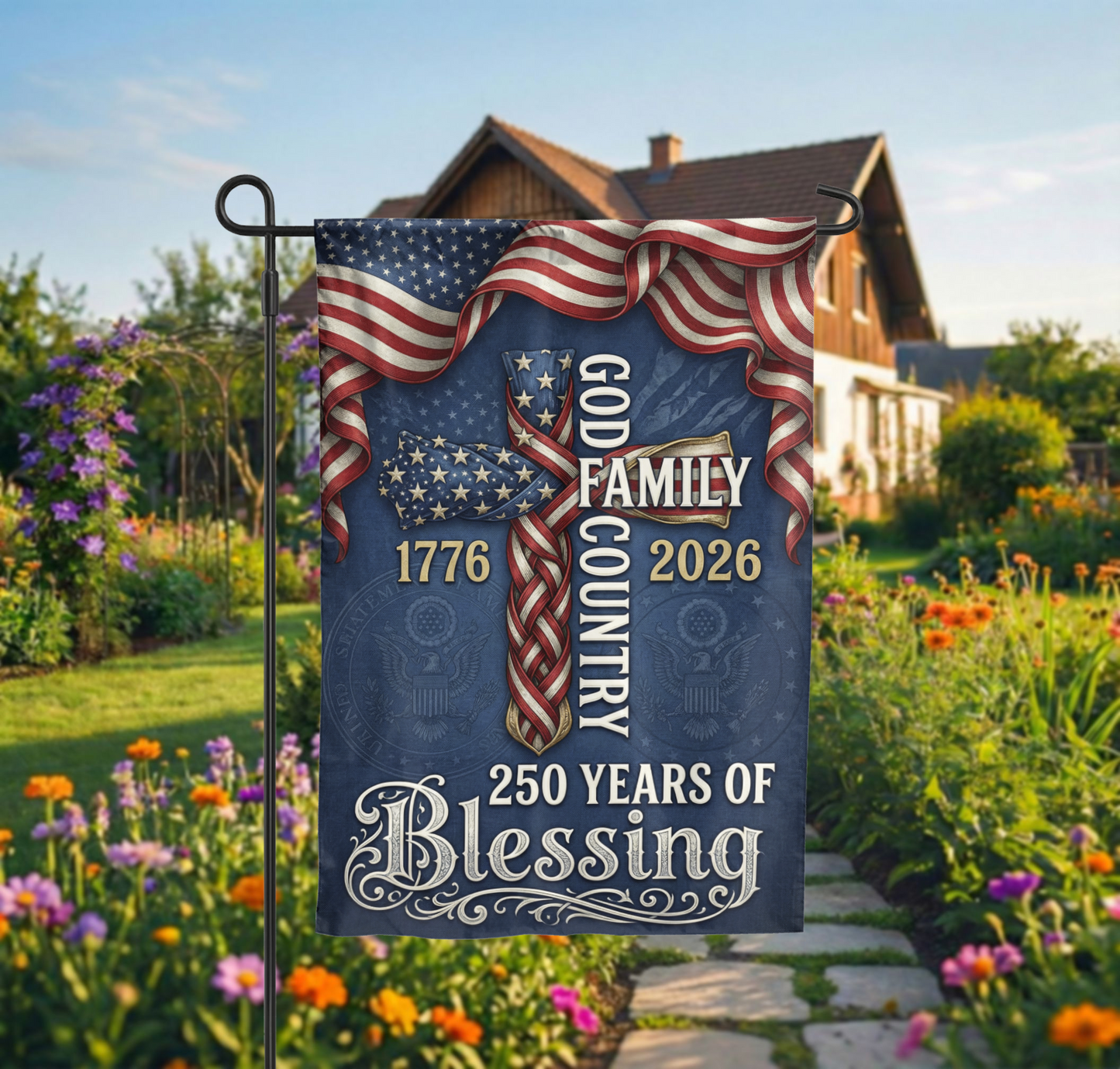 God Family Country Garden Flag, 1776-2026 USA 250th Anniversary, Patriotic Cross Yard Decor, Semiquincentennial Gift - 12"x18" - Garden Flag