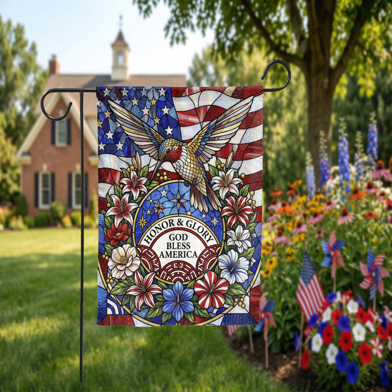 Stained Glass Patriotic Garden Flag, Hummingbird God Bless America House Flag, 4th of July Outdoor Decor, Memorial Day Gift, Digital Option - Garden Flag - detail view
