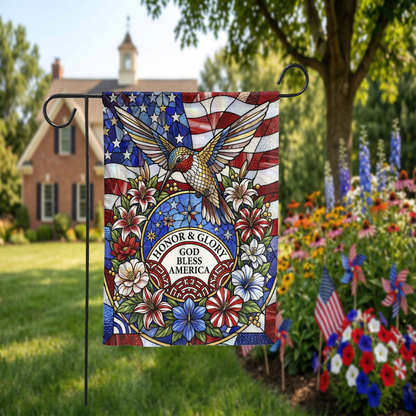 Stained Glass Patriotic Garden Flag, Hummingbird God Bless America House Flag, 4th of July Outdoor Decor, Memorial Day Gift, Digital Option - Garden Flag - detail view