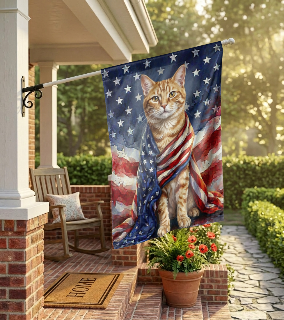 Personalized Pet Garden Flag, Custom American Flag Dog Portrait, Watercolor Patriotic House Flag, 4th of July Decorl - Garden Flag - front view