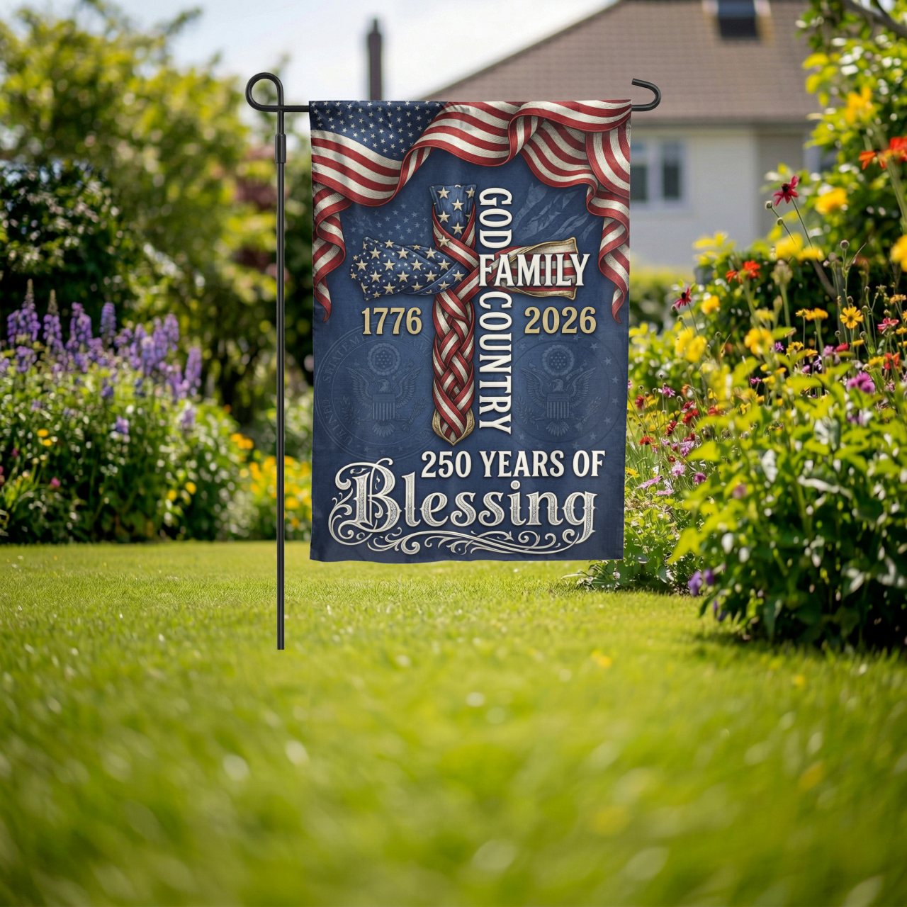 God Family Country Garden Flag, 1776-2026 USA 250th Anniversary, Patriotic Cross Yard Decor, Semiquincentennial Gift - Garden Flag - lifestyle shot