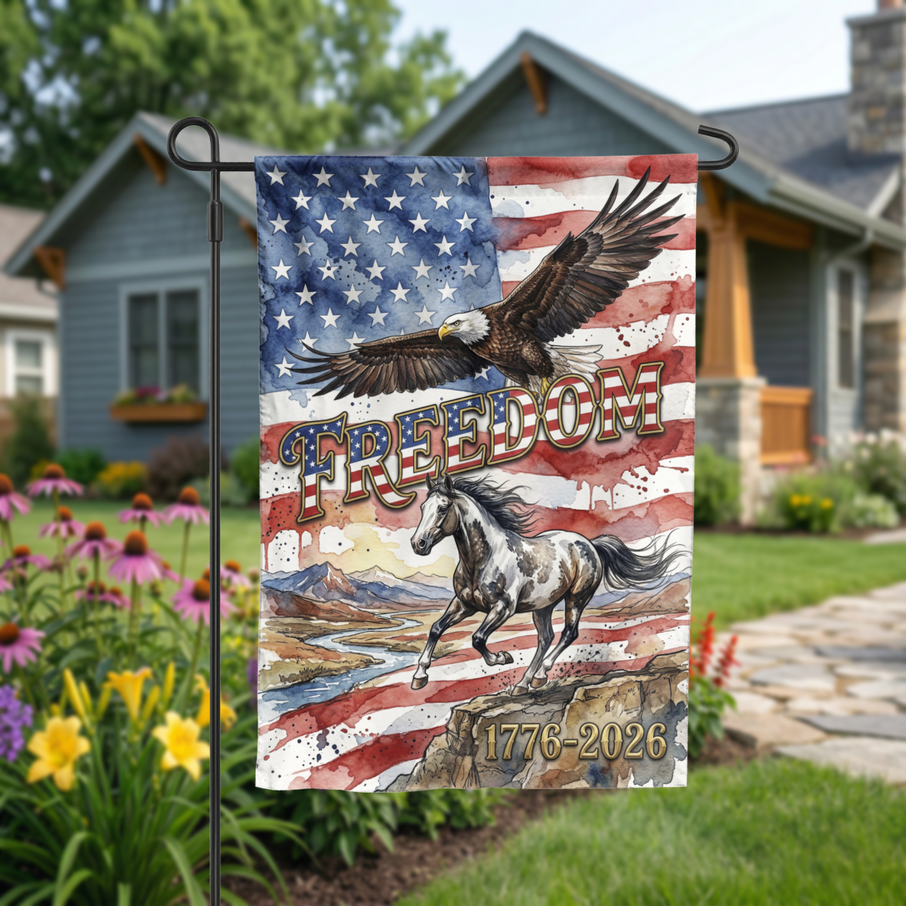 Patriotic Garden Flag, Freedom Eagle & Horse, 1776-2026 American Semiquincentennial Decor, Watercolor Yard Art, Physical or Digital File - Garden Flag - detail view