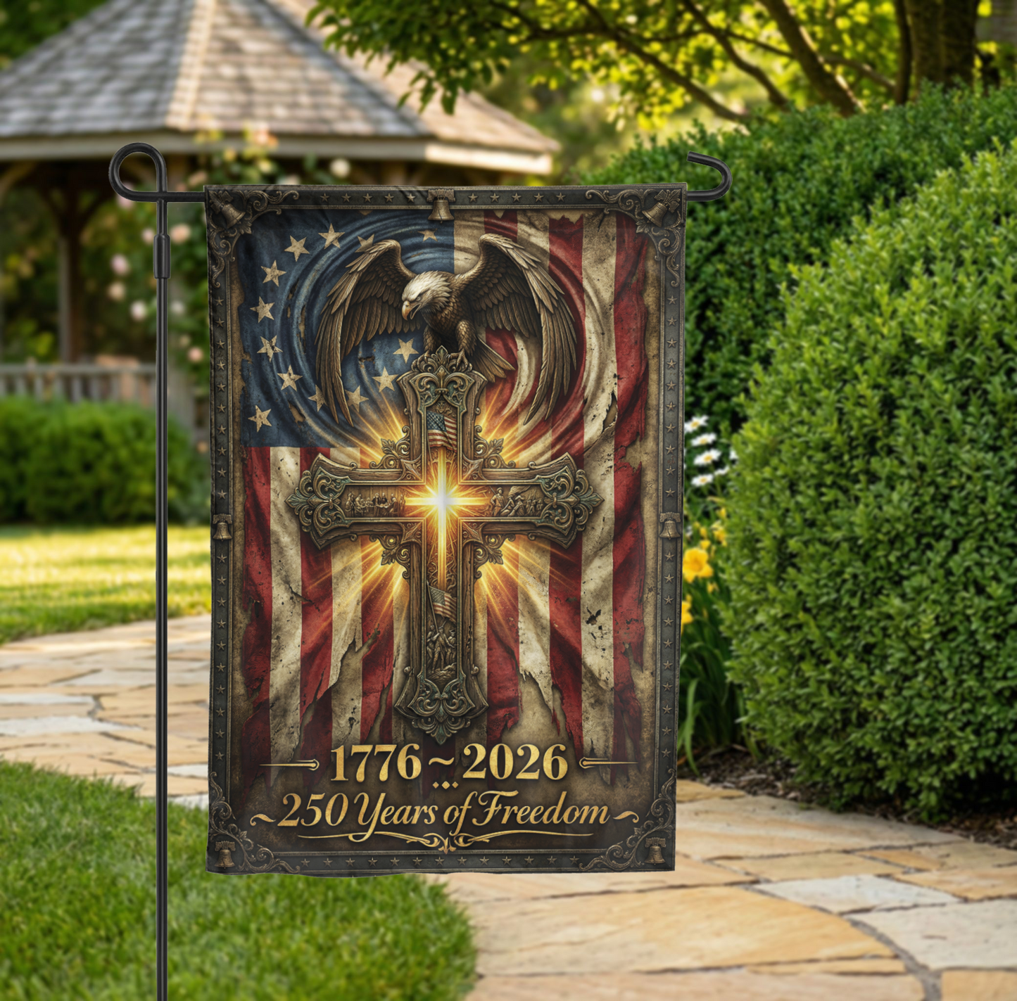 250 Years of Freedom Garden Flag, 1776-2026 Patriotic Cross & Eagle, Rustic American Flag Decor, Physical or - Garden Flag - front view