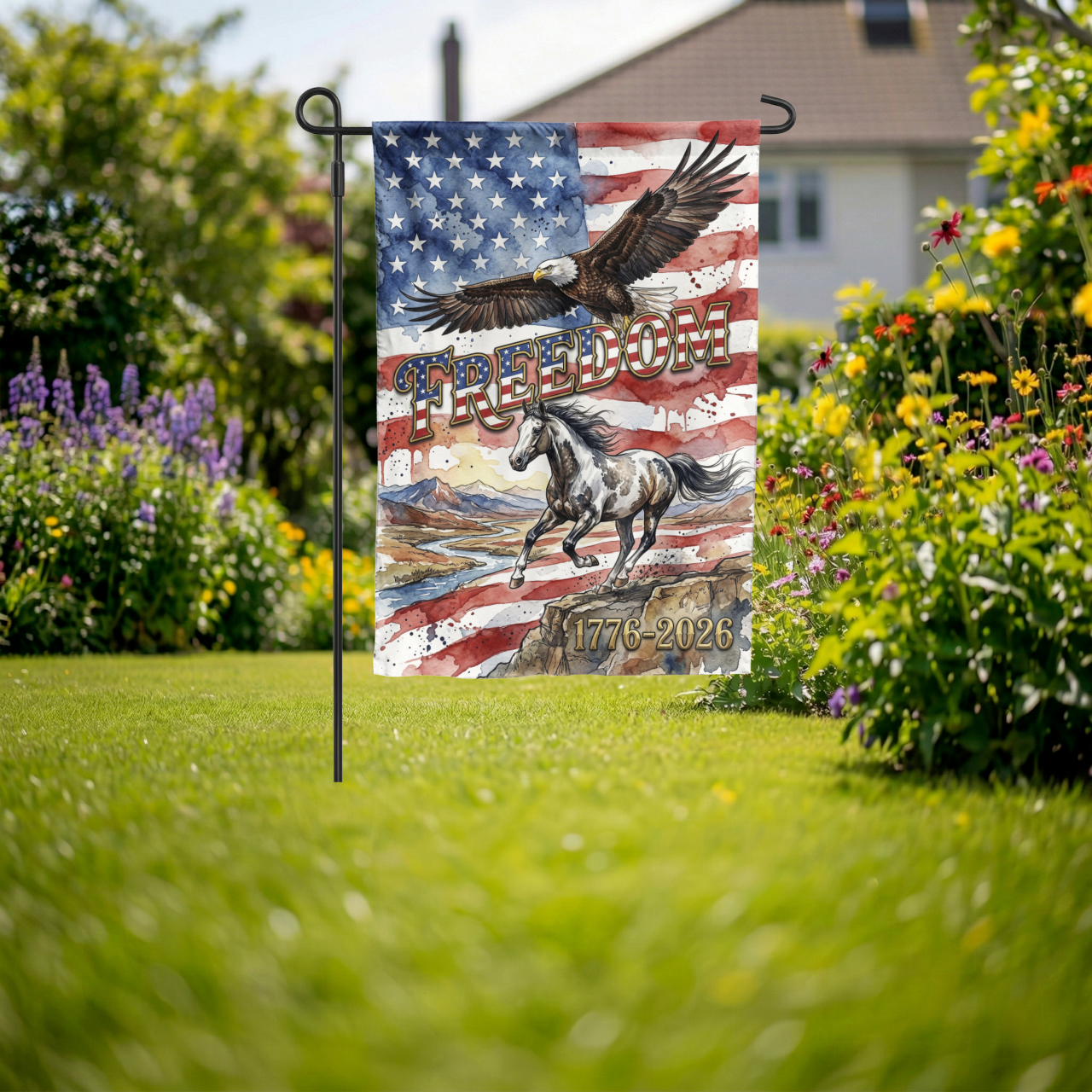 Patriotic Garden Flag, Freedom Eagle & Horse, 1776-2026 American Semiquincentennial Decor, Watercolor Yard Art, Physical or Digital File - Garden Flag - lifestyle shot