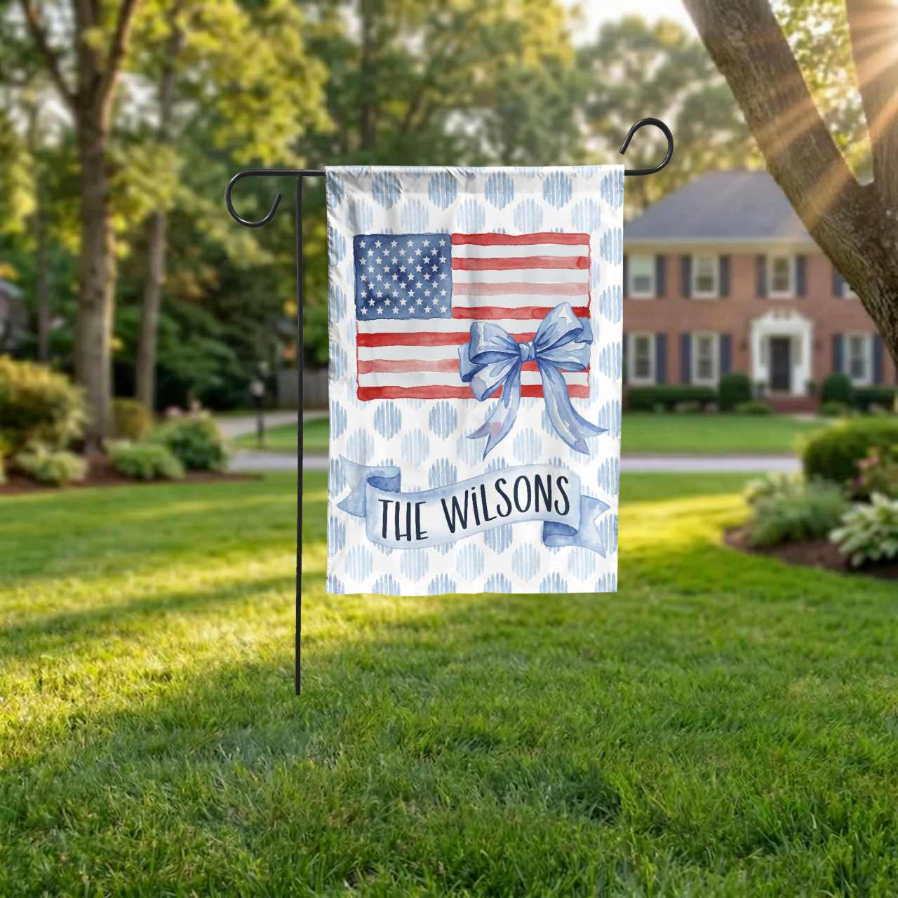 Personalized Patriotic Garden Flag, Watercolor American Flag with Bow, Custom Family Name House Flag, 4th of July Decor, Digital or Print - Garden Flag - lifestyle shot
