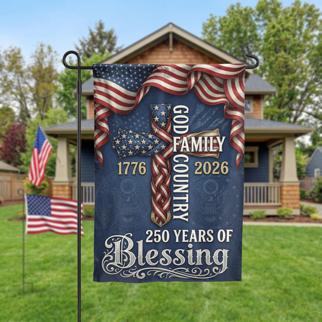 God Family Country Garden Flag, 1776-2026 USA 250th Anniversary, Patriotic Cross Yard Decor, Semiquincentennial Gift - Garden Flag - close-up