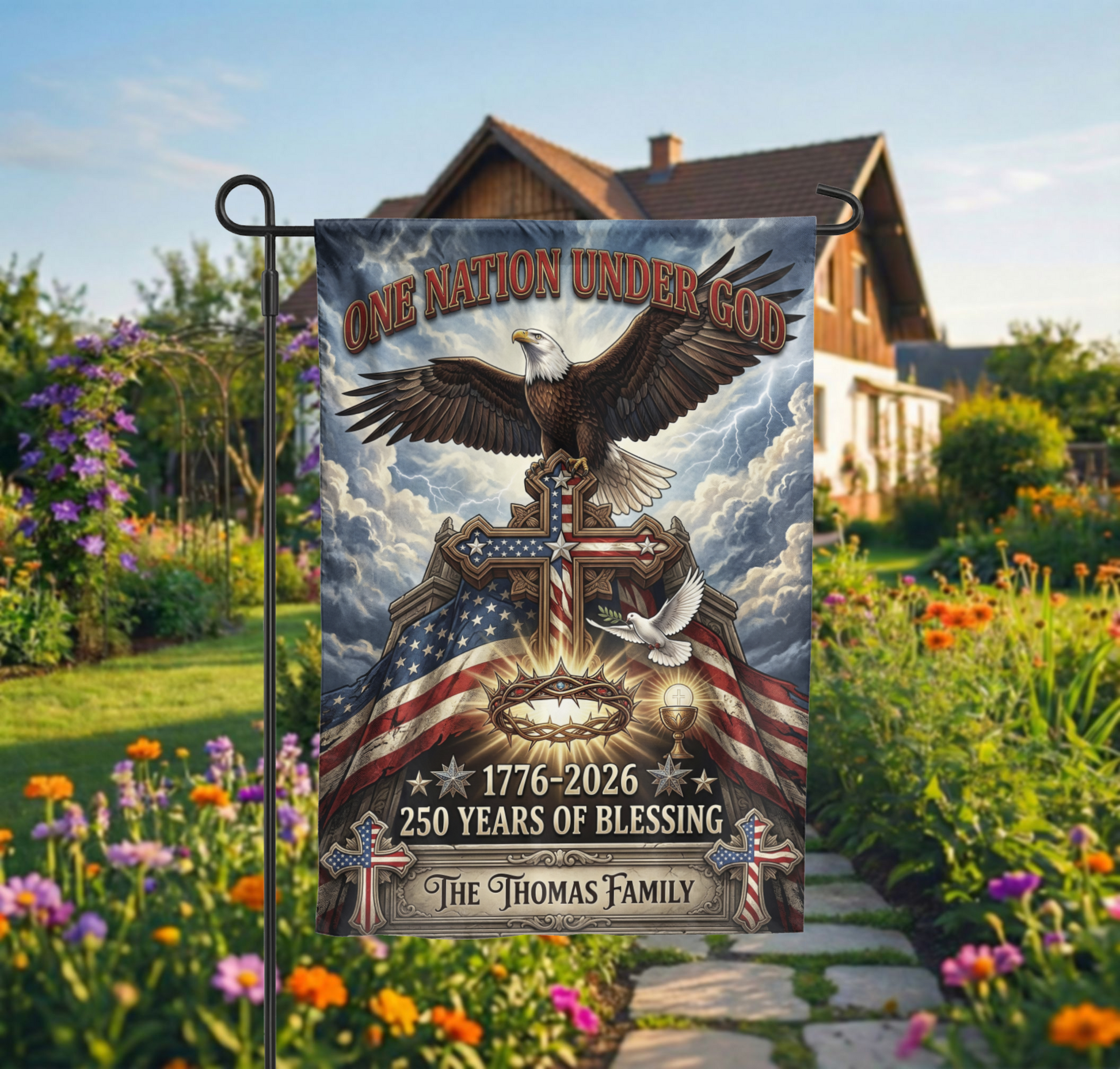 Personalized Patriotic Christian Garden Flag, One Nation Under God Eagle Cross, 250th Anniversary 1776-2026 - 12"x18" - Garden Flag