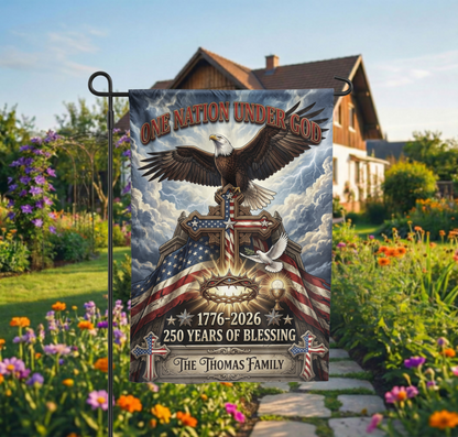 Personalized Patriotic Christian Garden Flag, One Nation Under God Eagle Cross, 250th Anniversary 1776-2026 - 12"x18" - Garden Flag