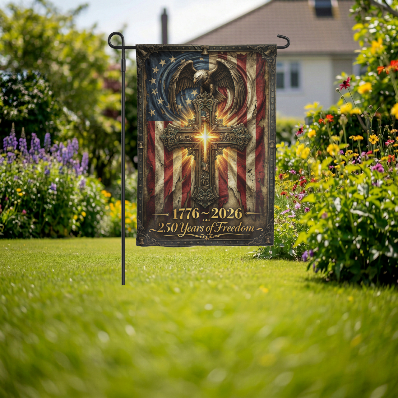 250 Years of Freedom Garden Flag, 1776-2026 Patriotic Cross & Eagle, Rustic American Flag Decor, Physical or - Garden Flag - detail view