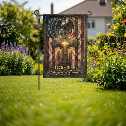 250 Years of Freedom Garden Flag, 1776-2026 Patriotic Cross & Eagle, Rustic American Flag Decor, Physical or - Garden Flag - detail view