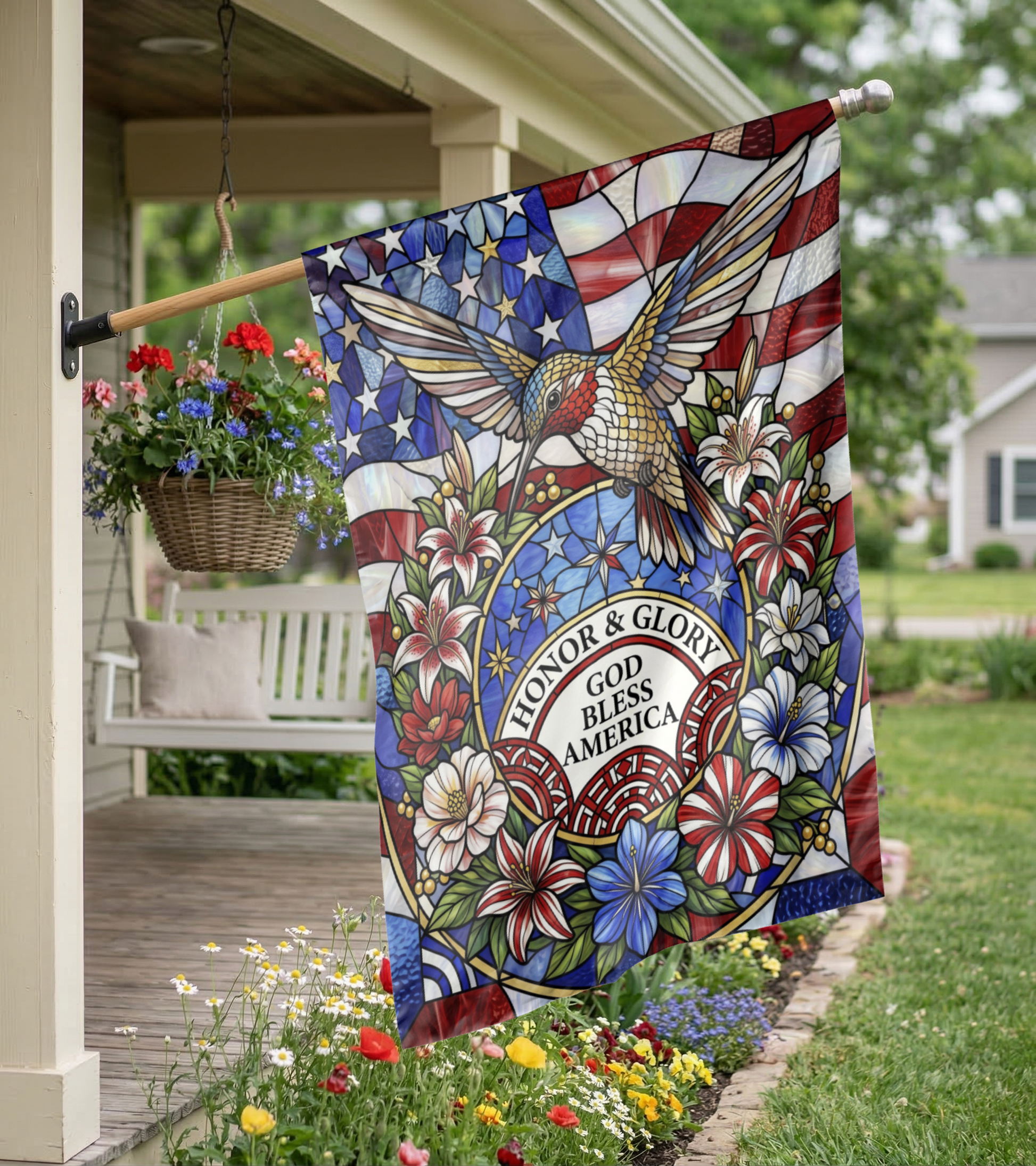 Stained Glass Patriotic Garden Flag, Hummingbird God Bless America House Flag, 4th of July Outdoor Decor, Memorial Day Gift, Digital Option - 12"x18" - Garden Flag