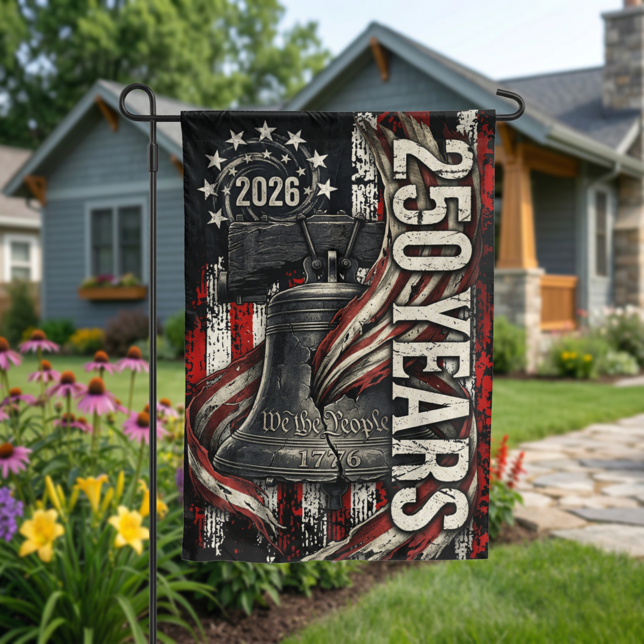USA 250th Anniversary Garden Flag, 2026 Patriotic Yard Decor, Rustic Liberty Bell 1776 Design, America 250 Outdoor Sign, Digital or Print - Garden Flag - detail view