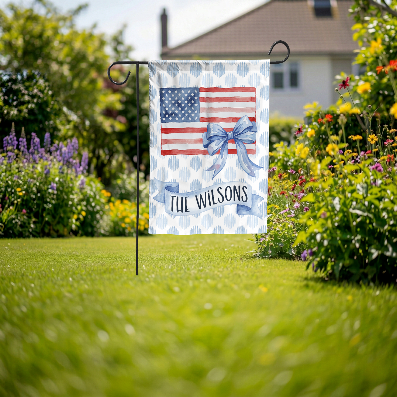 Personalized Patriotic Garden Flag, Watercolor American Flag with Bow, Custom Family Name House Flag, 4th of July Decor, Digital or Print - Garden Flag - lifestyle shot
