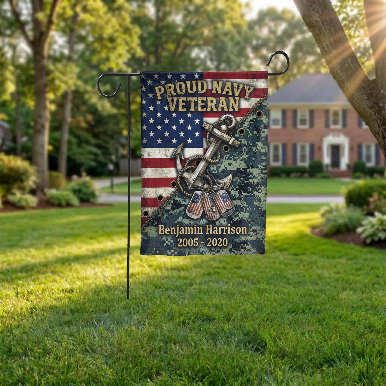 Personalized Navy Veteran Garden Flag, Custom Name & Service Years, American Flag Anchor Dog Tags Design, Military Gift for Him, Outdoor Dec - Garden Flag - lifestyle shot