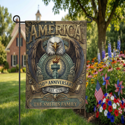 Patriotic Garden Flag Personalized, America 250th Anniversary 1776, Vintage Eagle Torch Design, Custom Family Name Yard Decor, USA Gift - Garden Flag - packaging