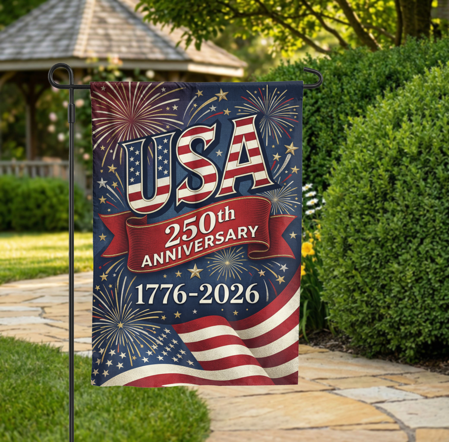 USA 250th Anniversary Garden Flag, 1776-2026 Patriotic Outdoor Decor, American Semiquincentennial Yard Banner, Fireworks & Flag Design - Garden Flag - front view