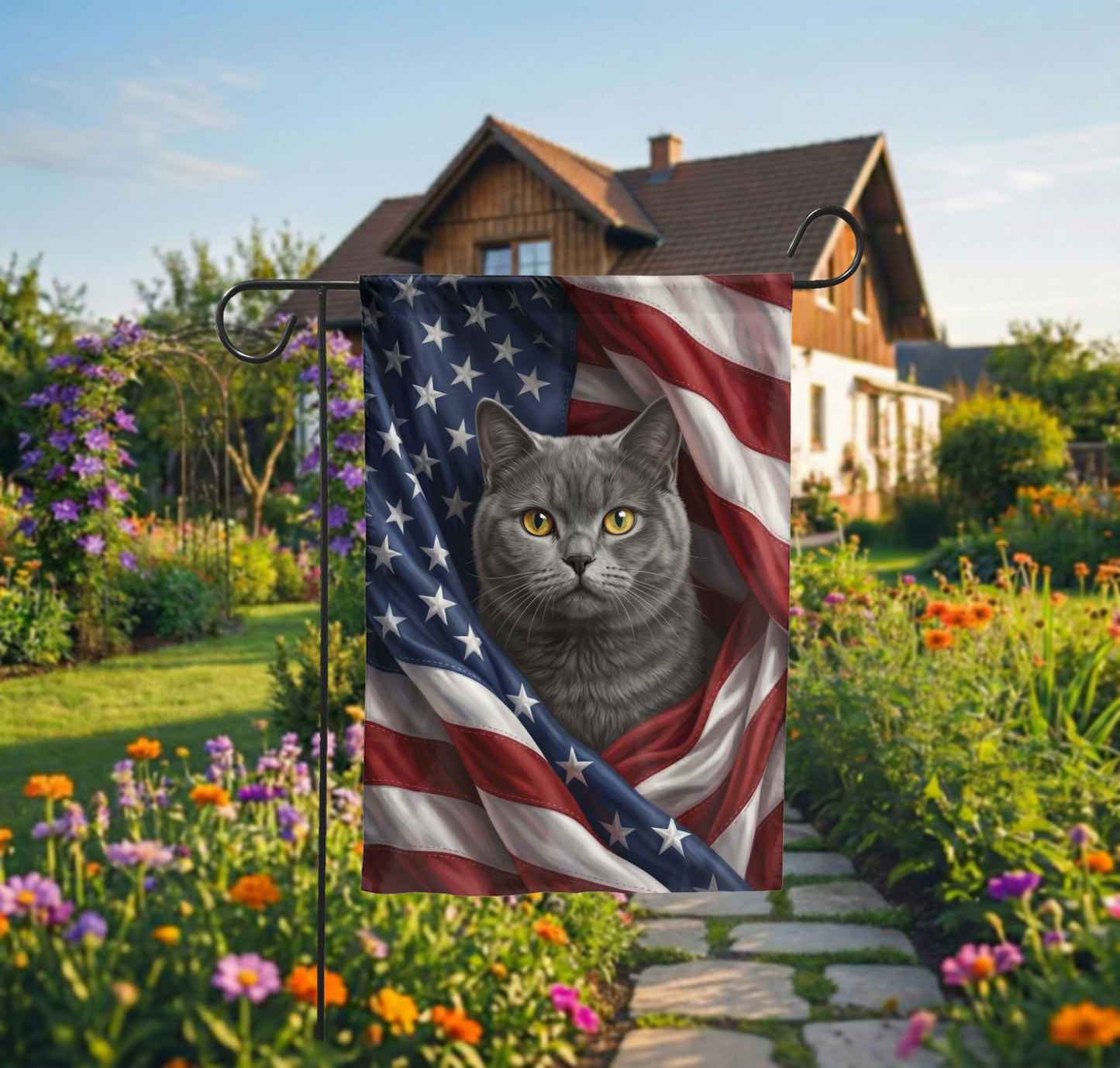 Custom Pet Garden Flag, Patriotic American Flag Pet Design, Personalized Dog or Cat House Banner, Outdoor Decor Gift - Garden Flag - lifestyle shot