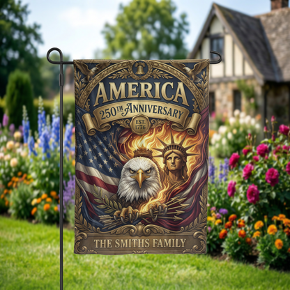 Personalized America 250th Anniversary Garden Flag, Vintage Patriotic Yard Decor, Eagle & Statue of Liberty, Physical or - Garden Flag - alternate angle
