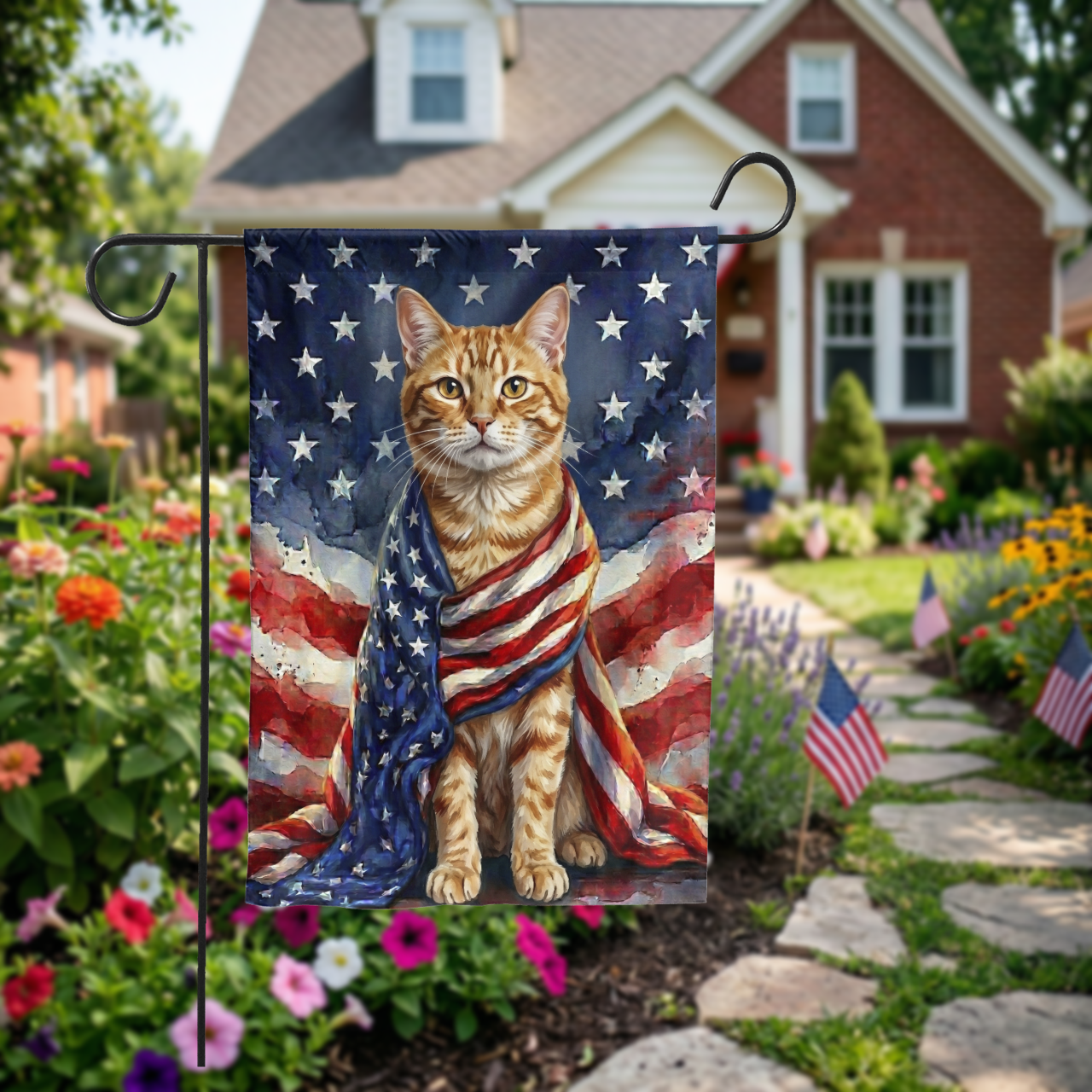 Personalized Pet Garden Flag, Custom American Flag Dog Portrait, Watercolor Patriotic House Flag, 4th of July Decorl - Garden Flag - alternate angle