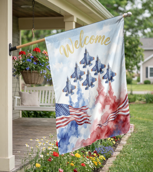 Welcome Garden Flag, Patriotic Fighter Jets & American Flags, Watercolor Outdoor Decor, 4th of July Yard Sign, Military Aviation Gift - 12"x18" - Garden Flag