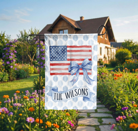 Personalized Patriotic Garden Flag, Watercolor American Flag with Bow, Custom Family Name House Flag, 4th of July Decor, Digital or Print - 12"x18" - Garden Flag
