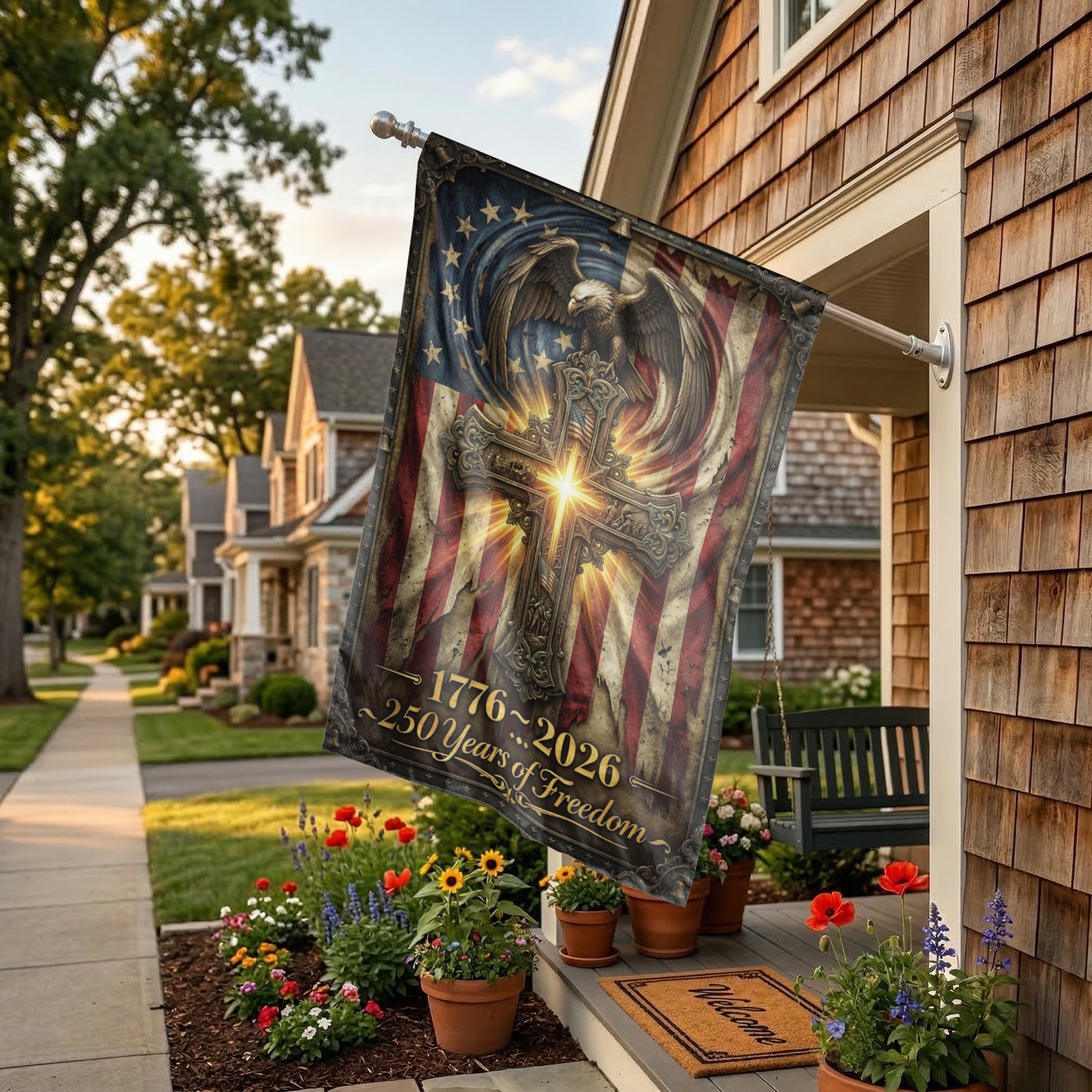250 Years of Freedom Garden Flag, 1776-2026 Patriotic Cross & Eagle, Rustic American Flag Decor, Physical or - 28"x40" - Garden Flag