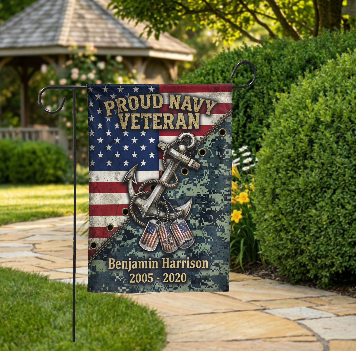 Personalized Navy Veteran Garden Flag, Custom Name & Service Years, American Flag Anchor Dog Tags Design, Military Gift for Him, Outdoor Dec - 28"x40" - Garden Flag