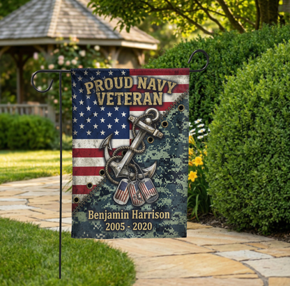 Personalized Navy Veteran Garden Flag, Custom Name & Service Years, American Flag Anchor Dog Tags Design, Military Gift for Him, Outdoor Dec - 28"x40" - Garden Flag