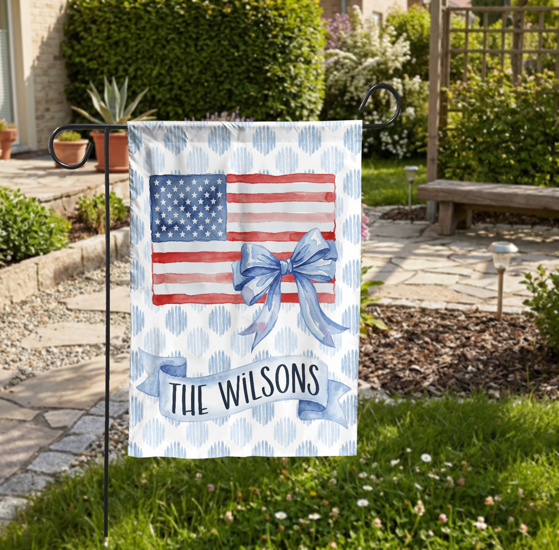 Personalized Patriotic Garden Flag, Watercolor American Flag with Bow, Custom Family Name House Flag, 4th of July Decor, Digital or Print - Garden Flag - close-up