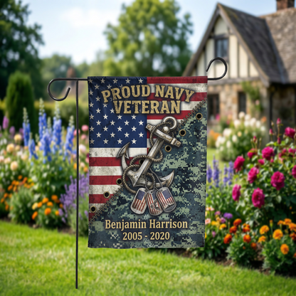 Personalized Navy Veteran Garden Flag, Custom Name & Service Years, American Flag Anchor Dog Tags Design, Military Gift for Him, Outdoor Dec - Garden Flag - alternate angle
