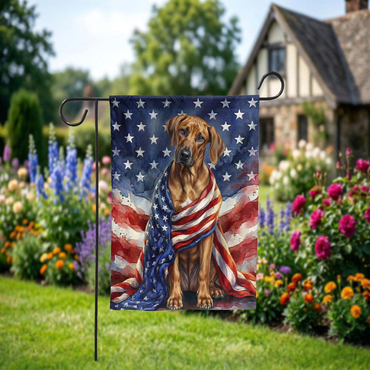 Personalized Pet Garden Flag, Custom American Flag Dog Portrait, Watercolor Patriotic House Flag, 4th of July Decorl - Garden Flag - lifestyle shot