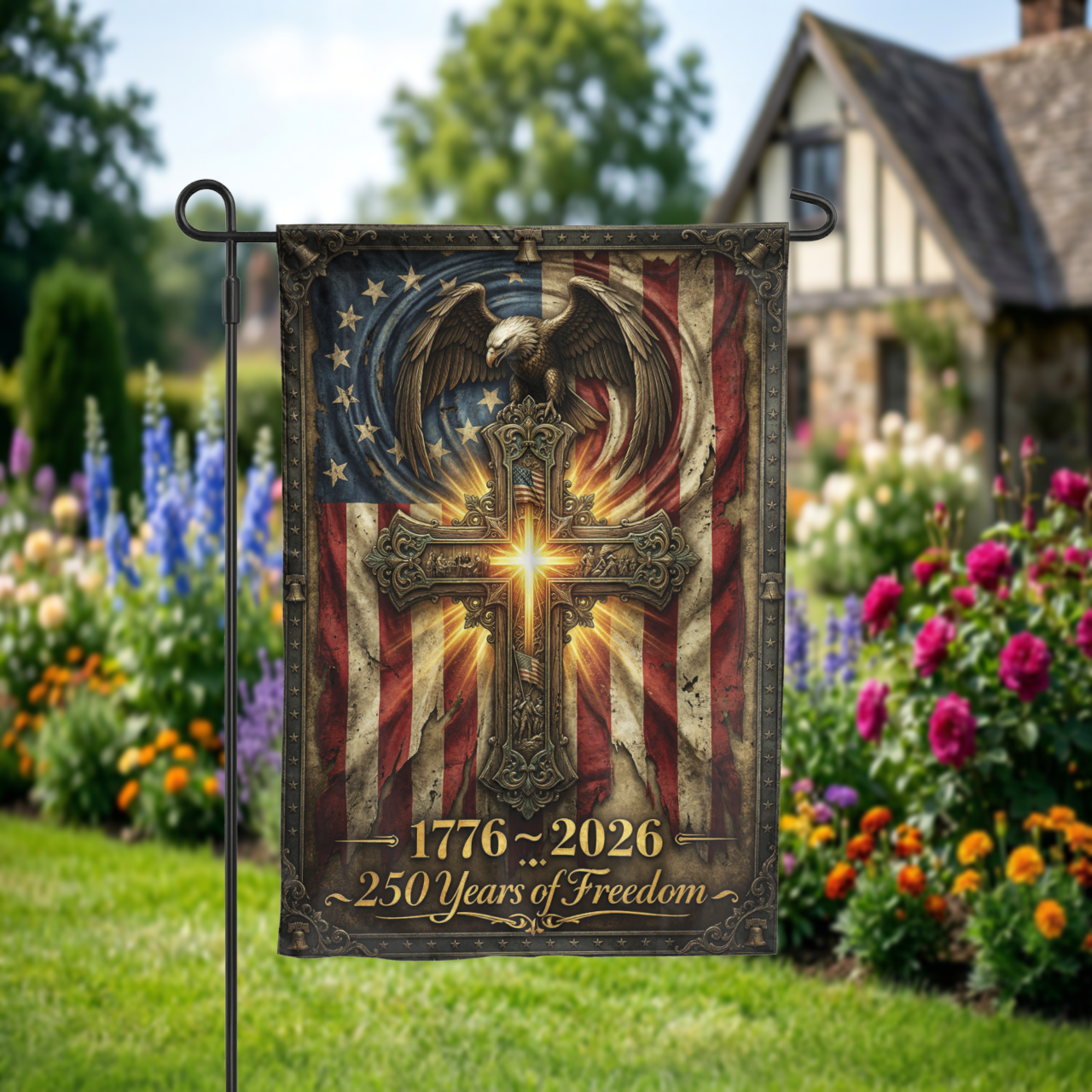 250 Years of Freedom Garden Flag, 1776-2026 Patriotic Cross & Eagle, Rustic American Flag Decor, Physical or - Garden Flag - close-up