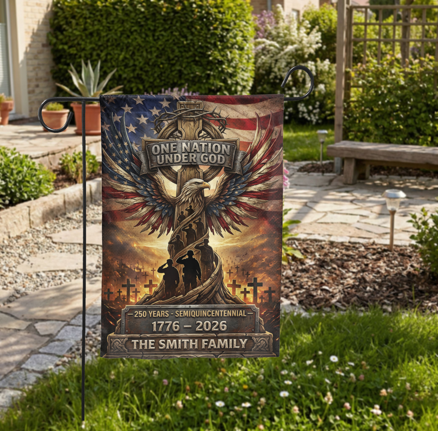 Personalized Patriotic Garden Flag, One Nation Under God, USA 250th Anniversary 1776-2026, Semiquincentennial Yard Decor - Garden Flag - close-up