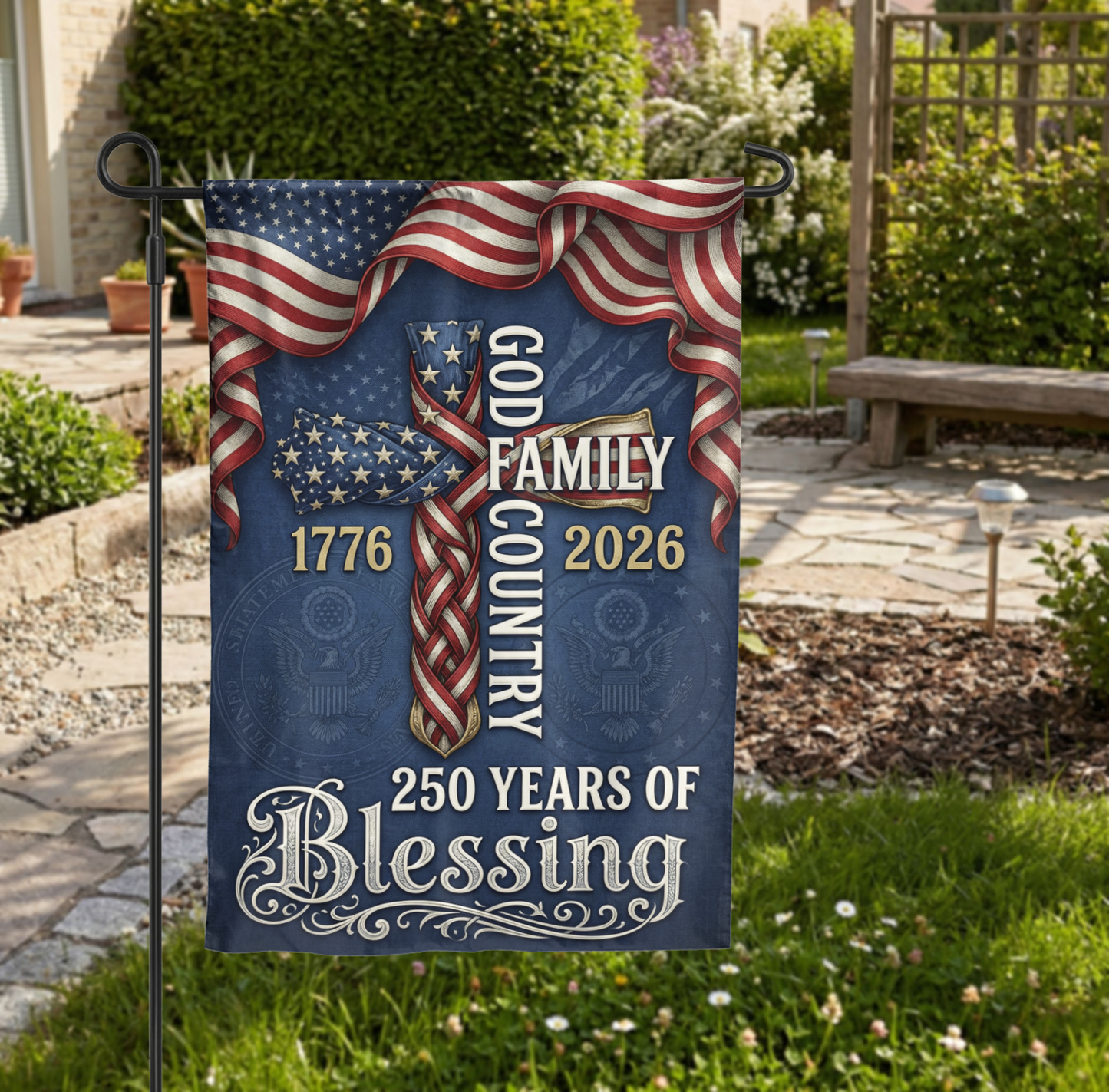 God Family Country Garden Flag, 1776-2026 USA 250th Anniversary, Patriotic Cross Yard Decor, Semiquincentennial Gift - Garden Flag - close-up