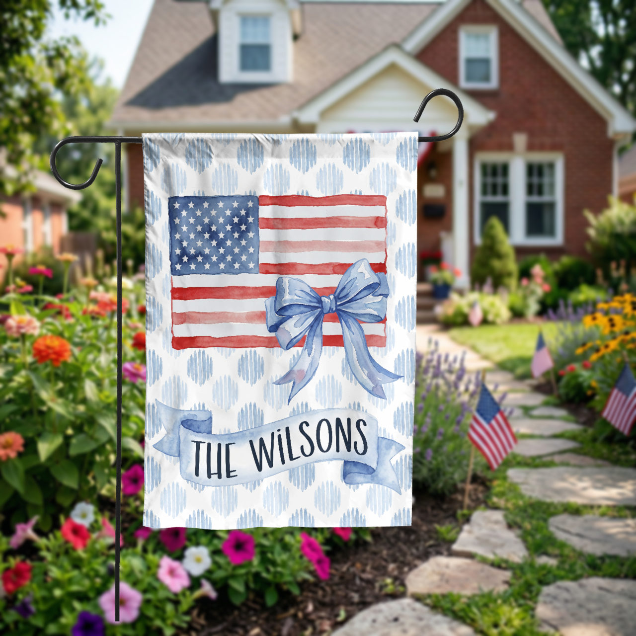 Personalized Patriotic Garden Flag, Watercolor American Flag with Bow, Custom Family Name House Flag, 4th of July Decor, Digital or Print - Garden Flag - front view