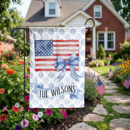 Personalized Patriotic Garden Flag, Watercolor American Flag with Bow, Custom Family Name House Flag, 4th of July Decor, Digital or Print - Garden Flag - front view
