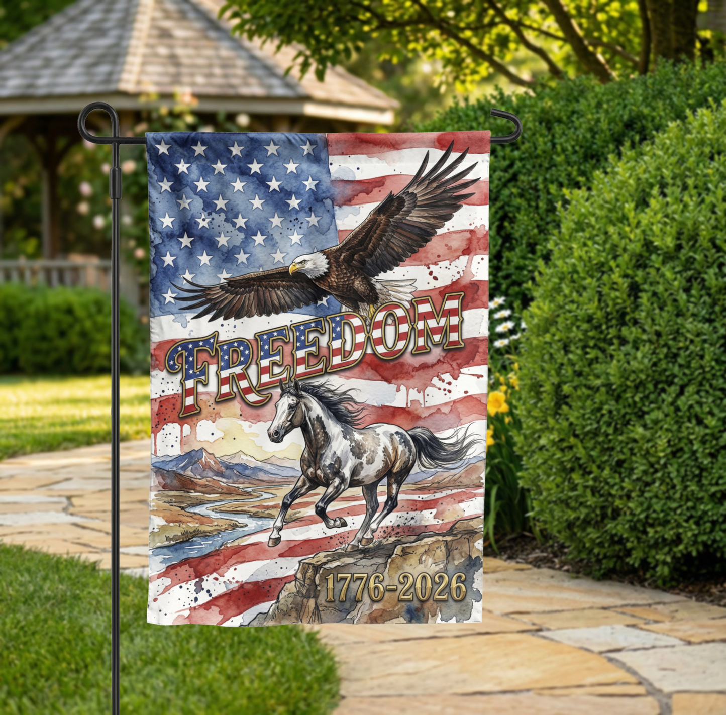 Patriotic Garden Flag, Freedom Eagle & Horse, 1776-2026 American Semiquincentennial Decor, Watercolor Yard Art, Physical or Digital File - 28"x40" - Garden Flag