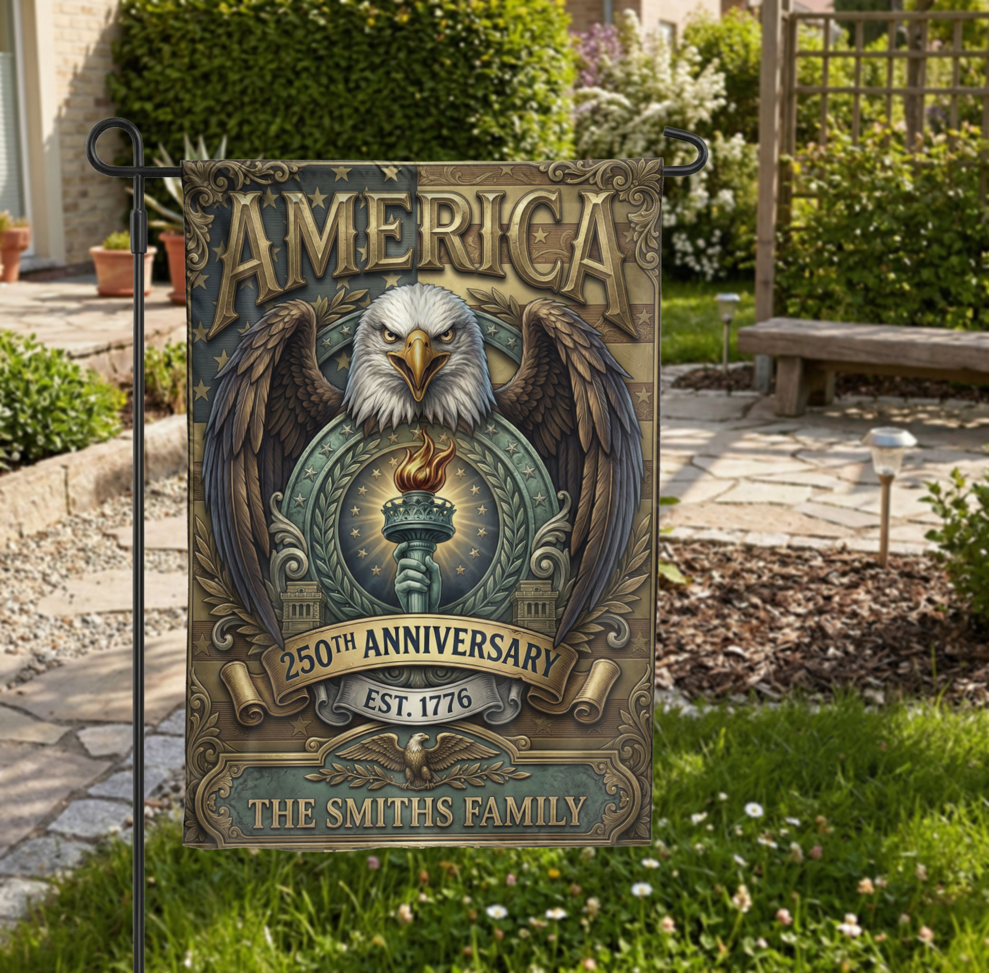 Patriotic Garden Flag Personalized, America 250th Anniversary 1776, Vintage Eagle Torch Design, Custom Family Name Yard Decor, USA Gift - Garden Flag - close-up