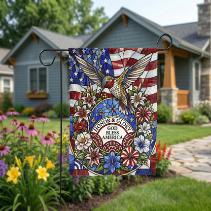 Stained Glass Patriotic Garden Flag, Hummingbird God Bless America House Flag, 4th of July Outdoor Decor, Memorial Day Gift, Digital Option - Garden Flag - close-up