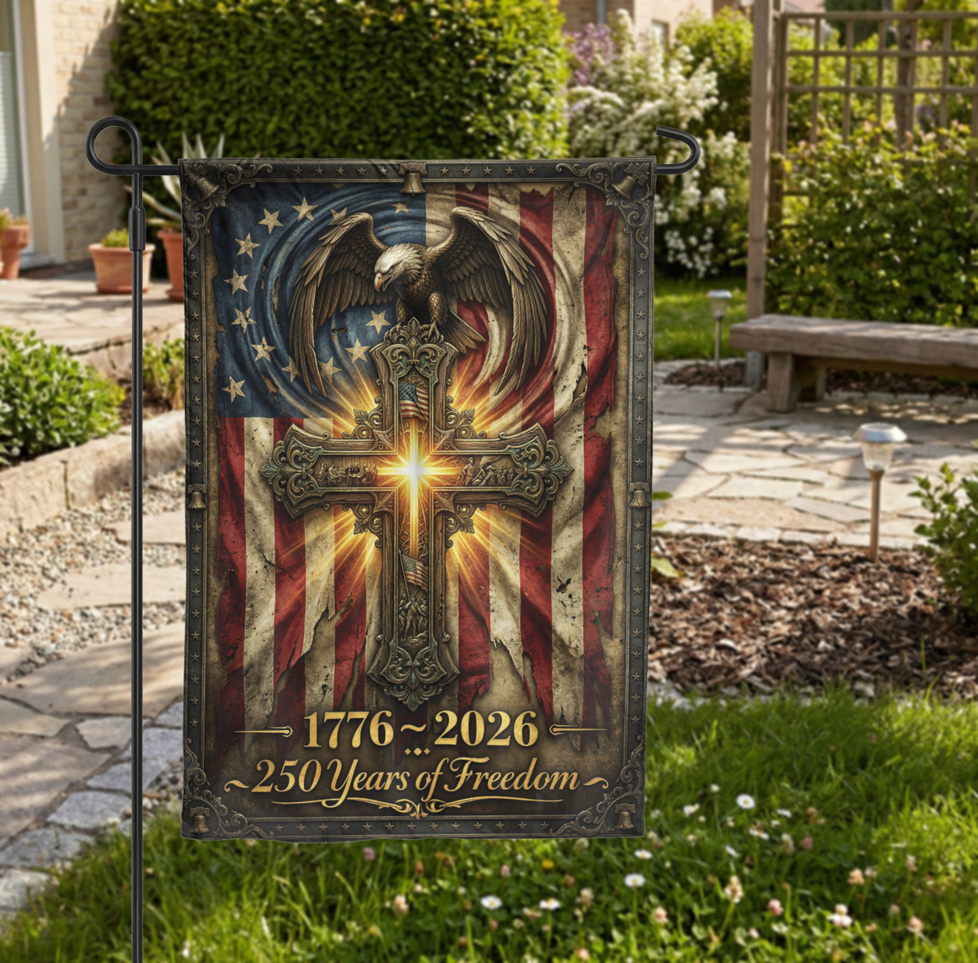 250 Years of Freedom Garden Flag, 1776-2026 Patriotic Cross & Eagle, Rustic American Flag Decor, Physical or - Garden Flag - lifestyle shot