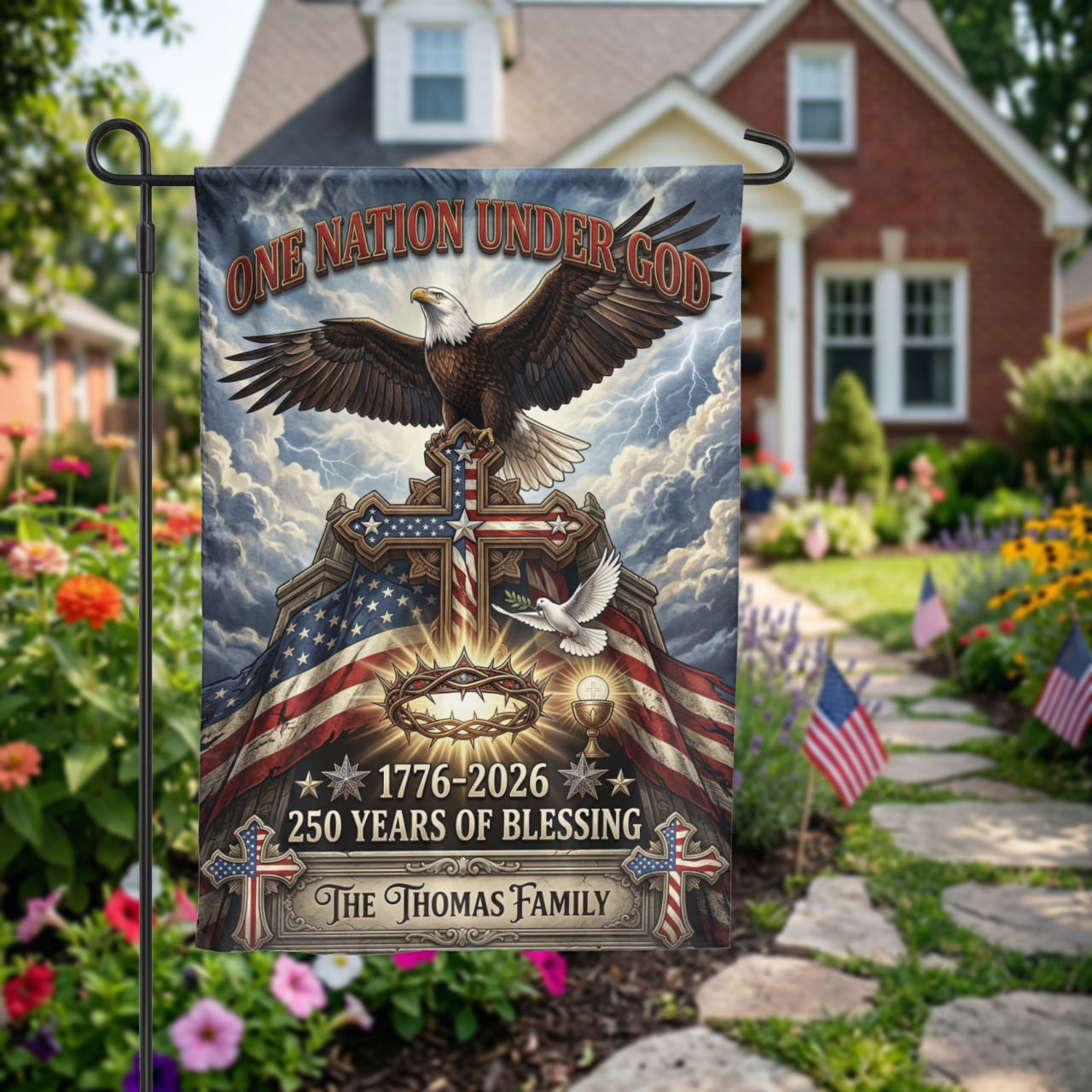 Personalized Patriotic Christian Garden Flag, One Nation Under God Eagle Cross, 250th Anniversary 1776-2026 - Garden Flag - front view