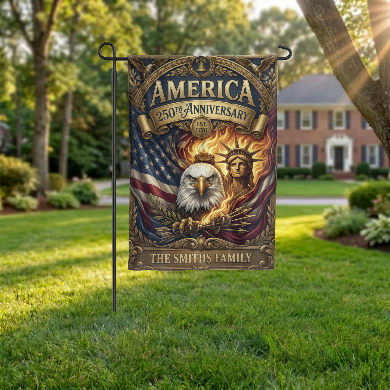 Personalized America 250th Anniversary Garden Flag, Vintage Patriotic Yard Decor, Eagle & Statue of Liberty, Physical or - Garden Flag - lifestyle shot