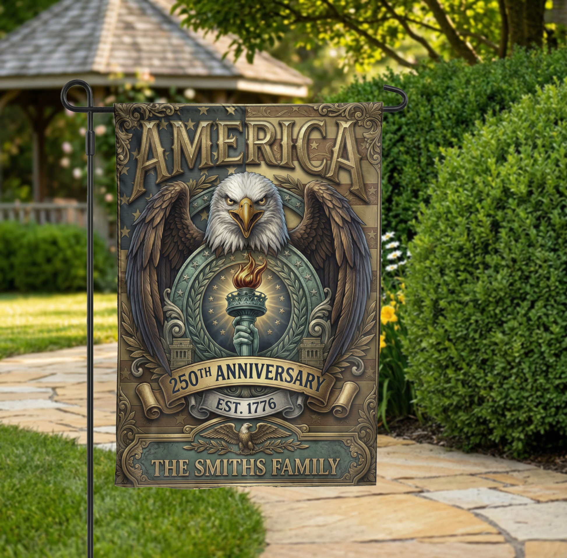 Patriotic Garden Flag Personalized, America 250th Anniversary 1776, Vintage Eagle Torch Design, Custom Family Name Yard Decor, USA Gift - 28"x40" - Garden Flag